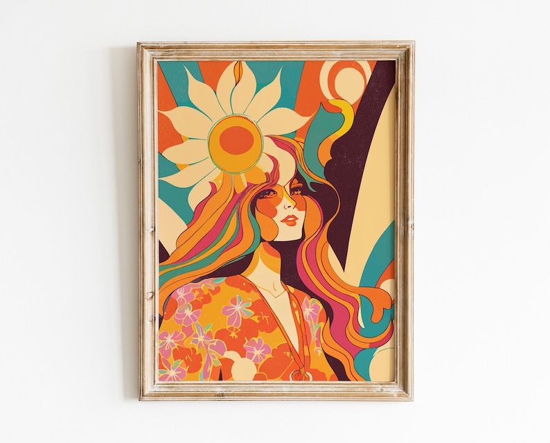70s Hippie Woman Wall Art, 70s Poster, Aesthetic Room Decor, Groovy