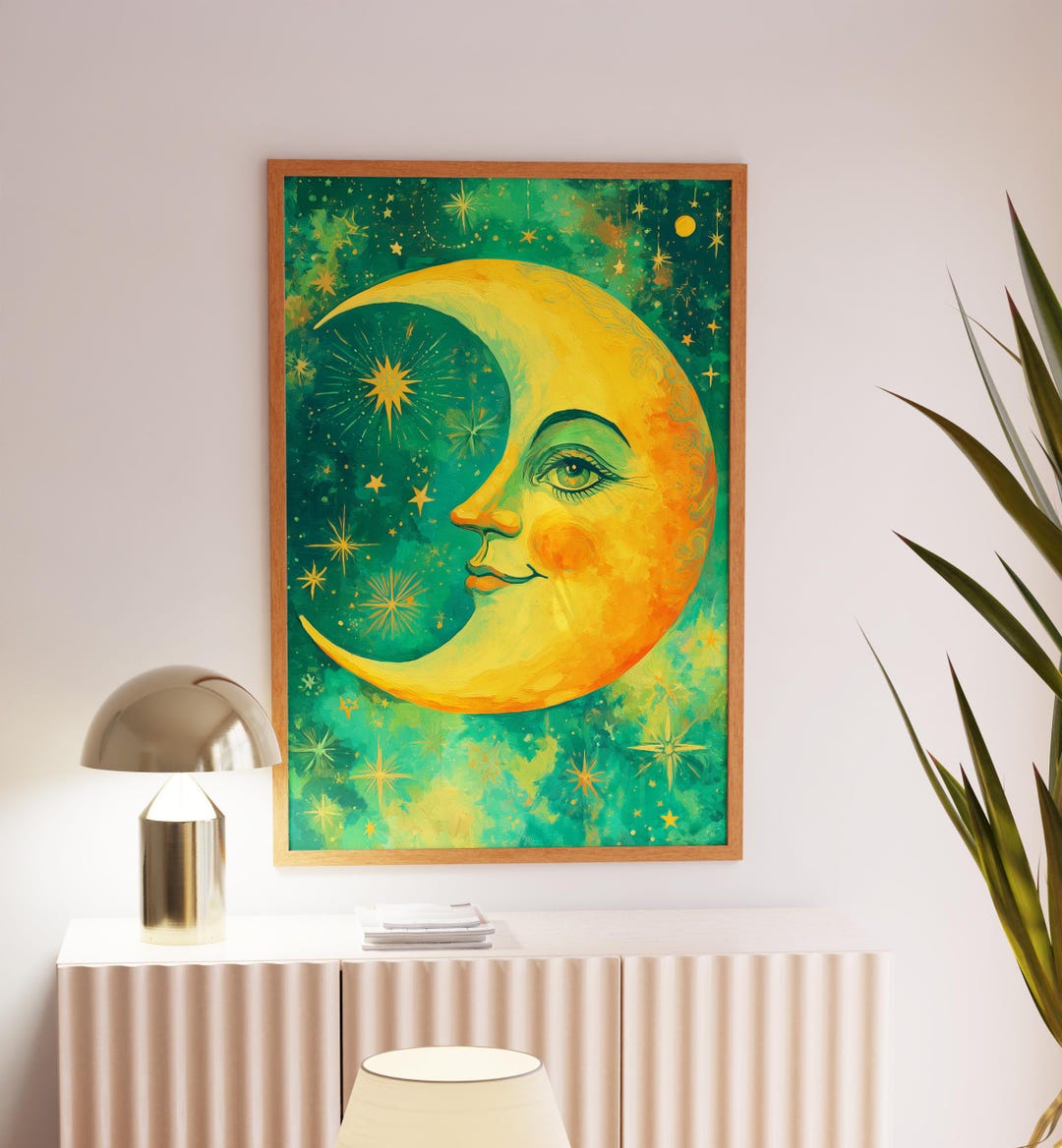 三日月顔プリント：天体保育アート、緑と黄色 - Etsy 日本