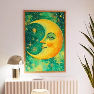 Cute Crescent Moon Wall Art With Face, Celestial Nursery Decor Green Yellow Vibrant Colors, Whimsical Print For Kids Room, Abstract Moon