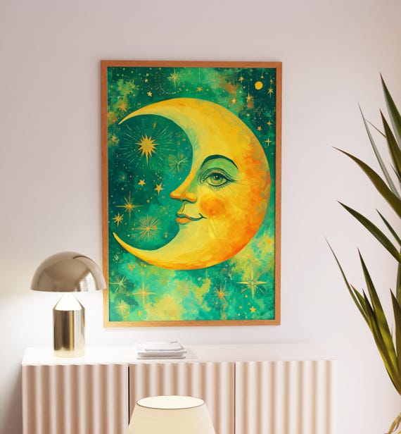 三日月顔プリント：天体保育アート、緑と黄色 - Etsy 日本