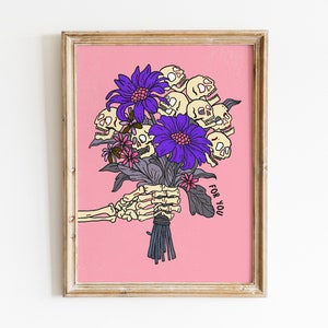 Ramo de flores de calaveras, póster rosa retro, póster de Halloween, decoración de esqueleto de Halloween, linda impresión de arte de Halloween