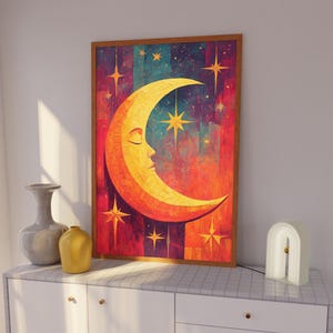 Niedlicher Ästhetischer Mond Wohnung Dekor, Boho Mondsichel Kunstdruck, Himmlische Wand Dekoration, Verträumter Nachthimmel Druck, Lebendige Mond Phase Poster