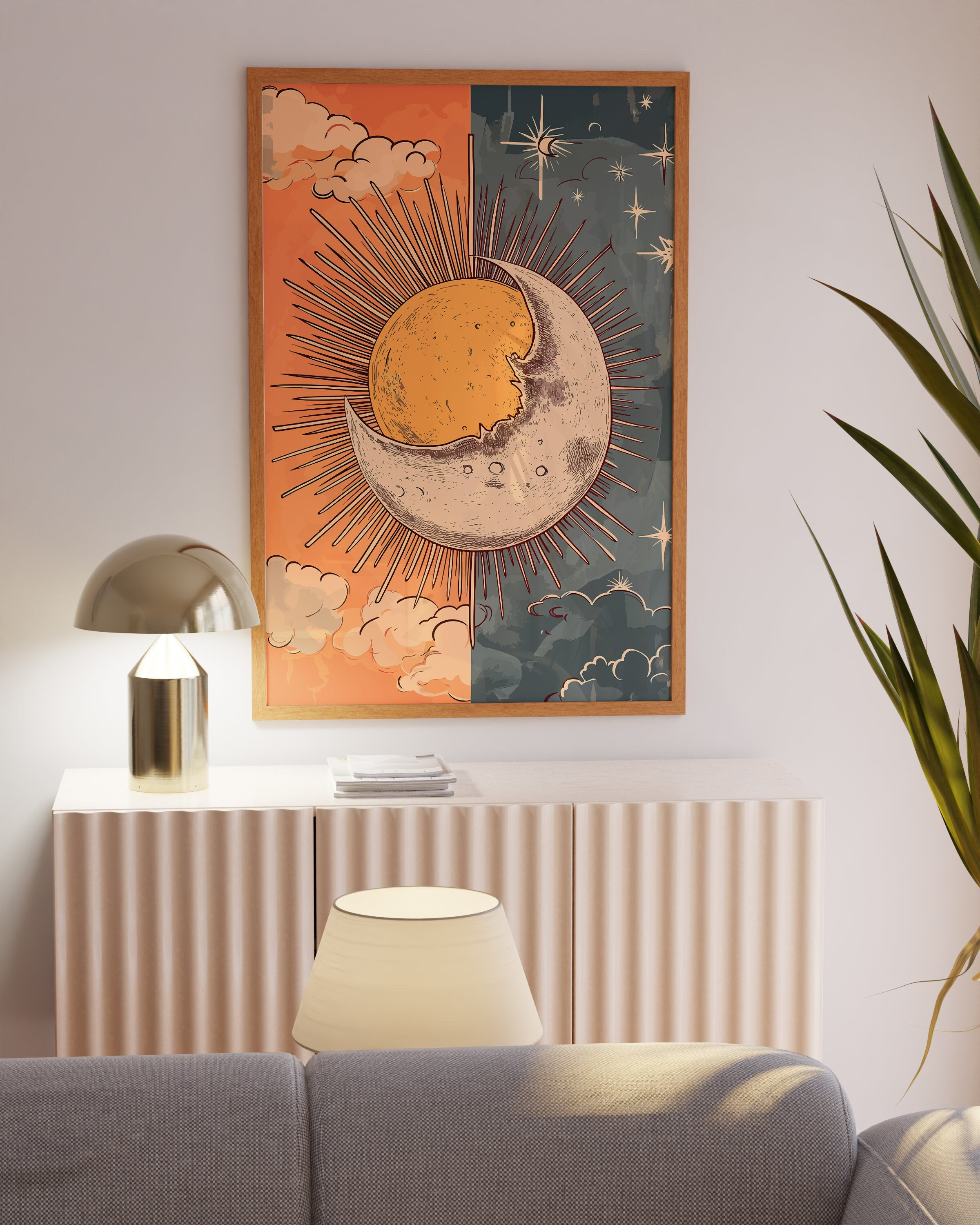 Day and Night Sun Moon Print, Unique Retro Sun Moon Aesthetic Poster, Celestial Vintage 70s Decor, Sun and Moon Wall Art