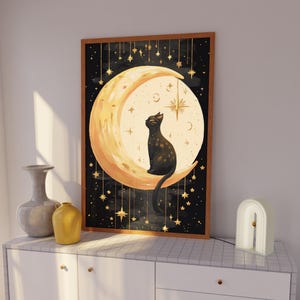 Himmlische schwarze Katze Wandkunst, Mystische Katze Druck Gold Sternenhimmel, Witchy Ästhetische Schlafzimmer Dekoration, Kinderzimmer Kunstdruck, Geschenk für Katzenliebhaber