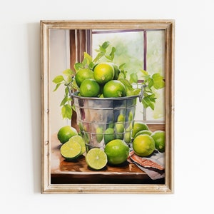 Pintura de bodegones de limas / Cartel de cocina / Pintura de bodegones vintage / Decoración retro de mediados de siglo de los años 70 / Arte de pared imprimible / Impresiones digitales