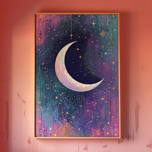 Arte mural, impresión de luna creciente, póster de cielo estrellado de ensueño, arte abstracto de luna celestial, decoración de habitación con estética bohemia cósmica