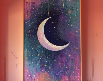 May include: A painting of a crescent moon in a night sky with gold stars and a purple, blue, and green background.