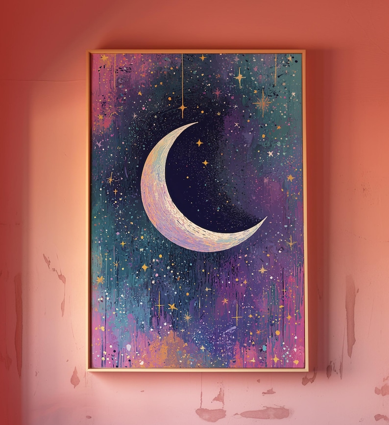 May include: A painting of a crescent moon in a night sky with gold stars and a purple, blue, and green background.