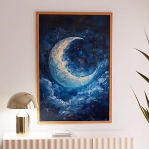 Póster de luna, pintura de luna celestial, arte mural de cielo estrellado, impresión lunar de ensueño, decoración cósmica para el hogar, regalo místico para amantes del espacio.