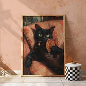 カクテルを持ったエレガントな黒猫の絵画、ヴィンテージスタイルのシックなマキシマリストの装飾、リビングルームの壁アート、レトロな黒猫のポスターのトレンディな装飾