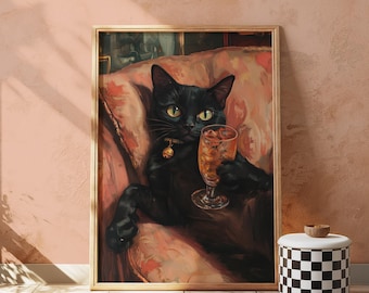 Black Cat Cocktail Art Print: Vintage Chic Maximalist Decor