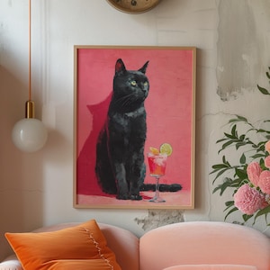 Arte mural maximalista de gato negro, póster de cóctel caprichoso, decoración original para el hogar, estampado divertido de gato, pintura al óleo de gato, regalo ideal para amantes de los gatos.