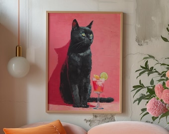 Black Cat Cocktail Art Print: Whimsical Home Decor