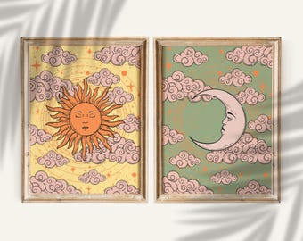 Retro Sonne und Mond Wandkunst Set: Celestial Boho Print Duo in Vintage Pastellfarben