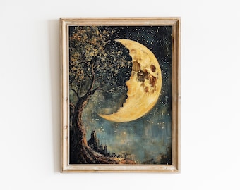 Impressão artística da Lua Crescente Dourada: pôster vintage do céu noturno místico (download digital)