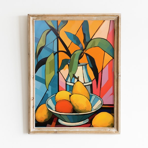 Colorida fruta bodegón 70s impresión / mango pintura arte impresión / cocina vintage bodegón pintura / arte de pared imprimible moderno de mediados de siglo
