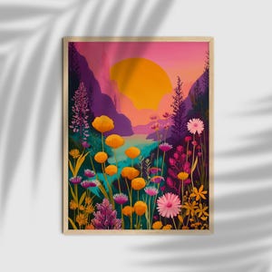 Boho Sunset Floral Landscape Printable Wall Art, Colorful Mountain Meadow Digital Download, Vibrant Nature Poster, Wildflower Printable Art