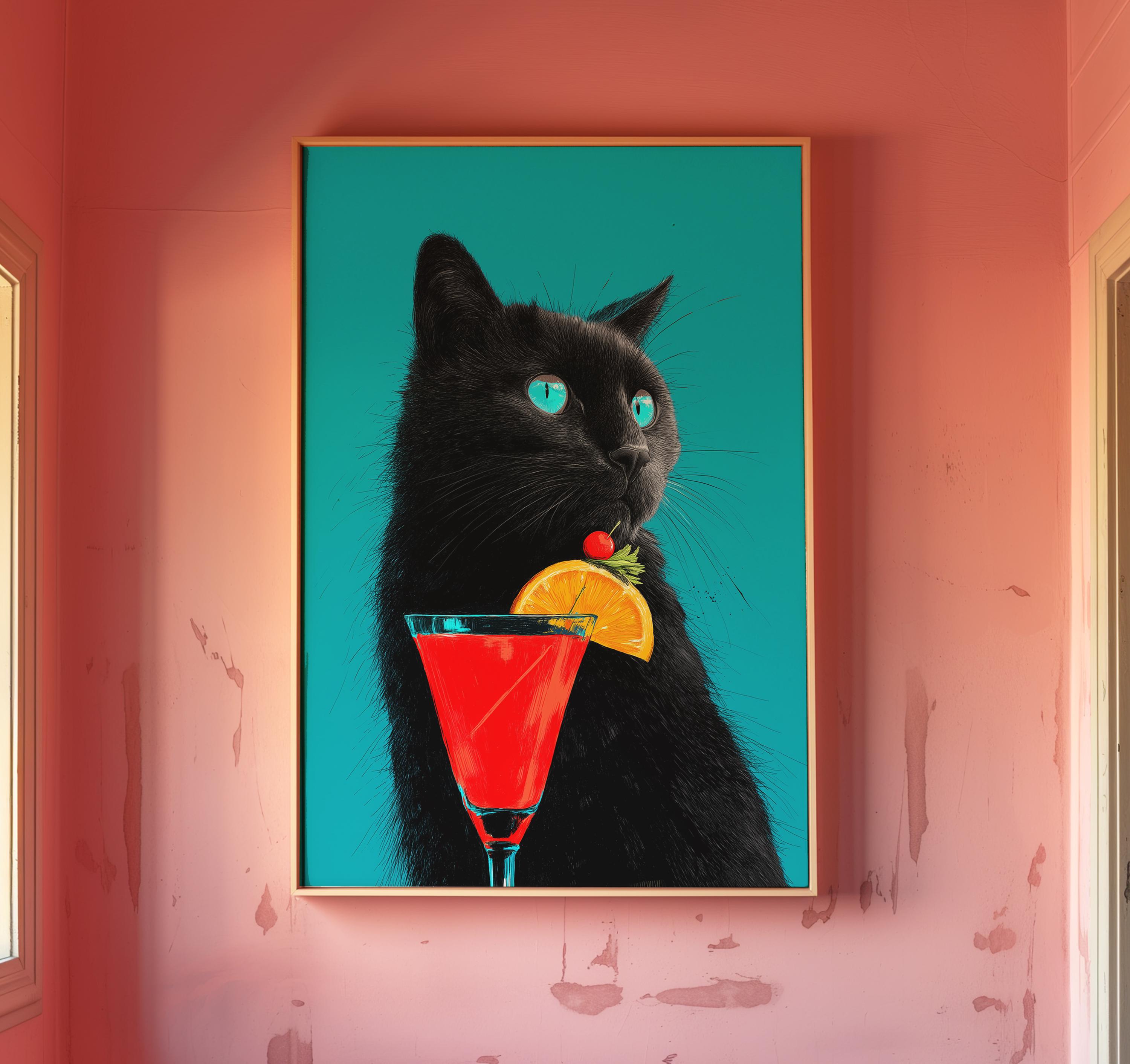 Whimsical Black Cat Cocktail Art Print: Quirky Home Decor - Etsy