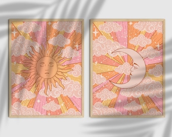 Sun And Moon 70s Decor, Vintage Set Poster, Retro Wall Art Set, Witchy Home Decor, 70s Set of 2 Print, Retro 70s Home Decor, Celestial Decor