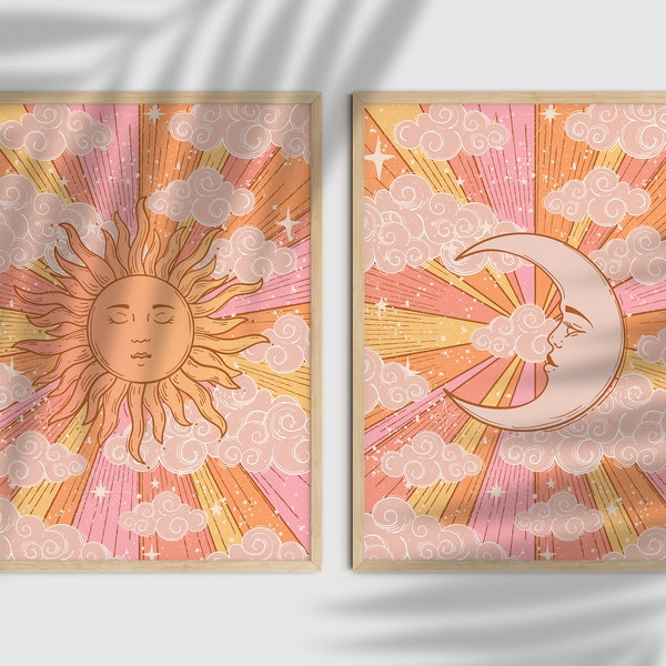 Sun And Moon 70s Decor, Vintage Set Poster, Retro Wall Art Set, Witchy Home Decor, 70s Set of 2 Print, Retro 70s Home Decor, Celestial Decor