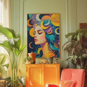 Surreal Moon Goddess Portrait Art Print, Maximalist Decor, Colorful Crescent Moon Woman, Mystical Cosmic Space, Ethereal Spiritual Wall Art