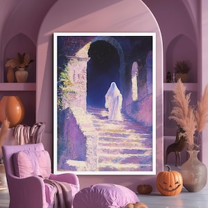 Haunted Ghost Wall Art Print, Spooky Gothic Halloween Decor, Surreal Haunted House Poster, Vintage Style Ghostly Aesthetic Poster Print