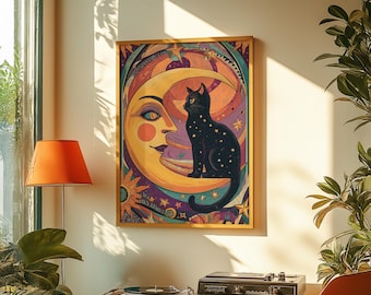 Celestial Black Cat Art Print: Retro Moon & Stars Wall Decor