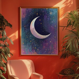 May include: A framed print of a crescent moon with a white and gold design against a dark blue and purple starry night sky.
