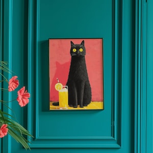 Arte mural maximalista de gato negro, póster de cóctel caprichoso, decoración original para el hogar, estampado de gato divertido, pintura al óleo estética rosa y amarilla, regalo