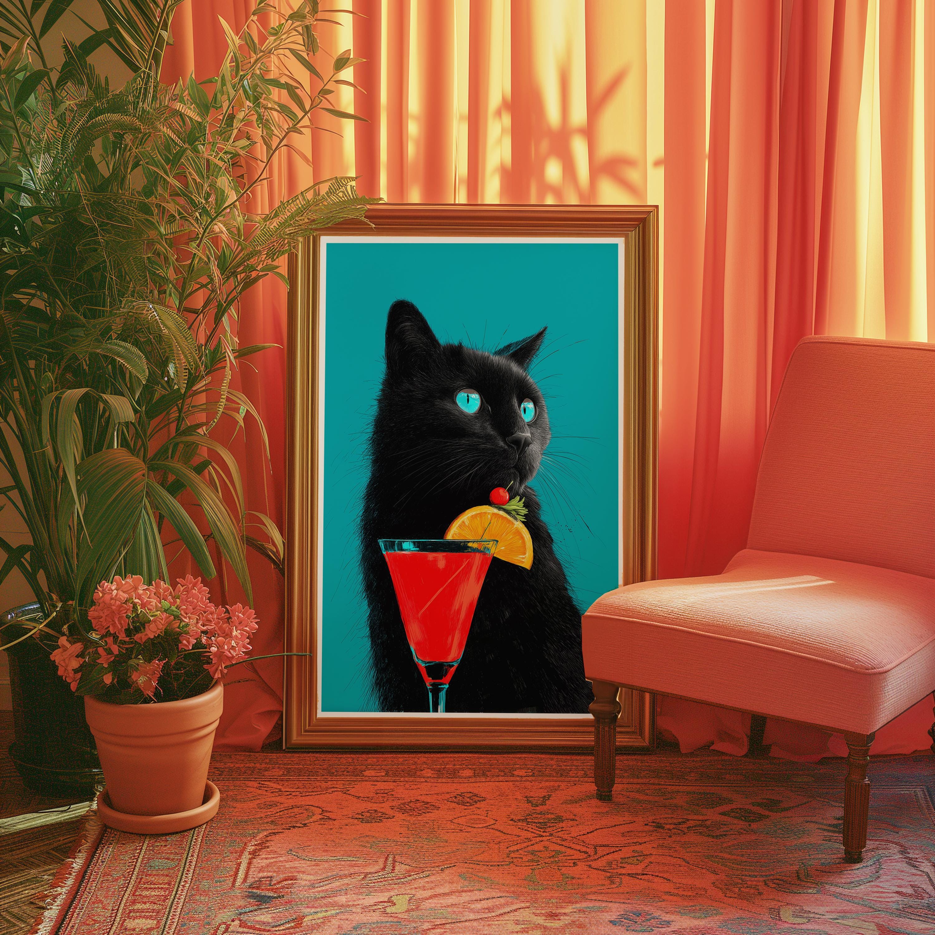 Whimsical Black Cat Cocktail Art Print: Quirky Home Decor - Etsy
