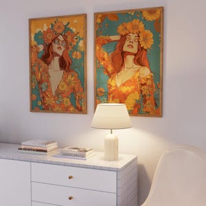 Juego de 2 láminas de arte mural de los años 70, ilustración floral retro de mujer, decoración vintage colorida para el hogar, lámina para dormitorio, arte mural para sala de estar