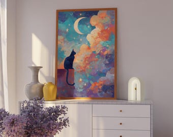 Celestial Cat Art Print: Dreamy Moon & Stars Nursery Decor