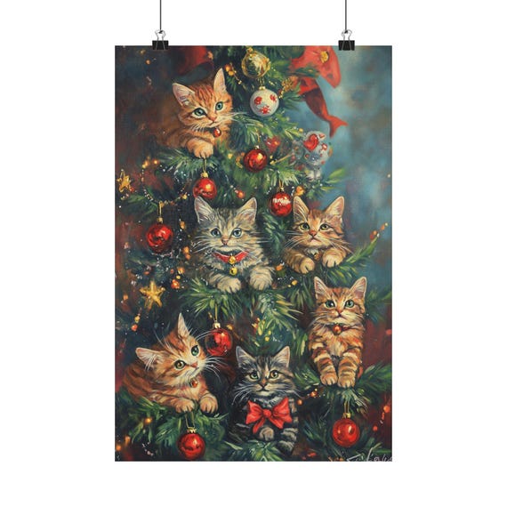 Christmas Dopamine Decor, Christmas Kittens in Tree Art Print