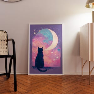 Schwarze Katze Mond Kunstdruck, Pastell Galaxie Landschaft, Magische Sternennacht Malerei, Himmlische Wanddekoration, Kinderzimmer Kunstdruck, Jugendzimmer Dekor