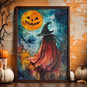 Witch Under Pumpkin Moon Wall Art, Spooky Halloween Witch Painting, Mystical Spiritual Art, Dark Aesthetic Art Fantasy, Gothic Witch Poster