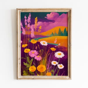 Retro Spring Summer Floral Landscape Digital Download, Wildflower Meadow Printable Wall Art, Vibrant Nature Poster Decor, Downloadable Print