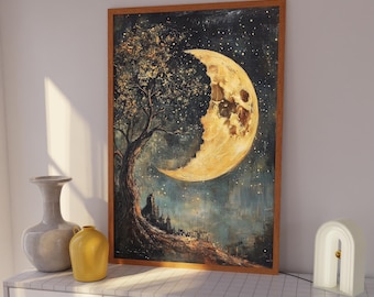Impressão artística da Lua Crescente Dourada: Paisagem Mística do Céu Noturno