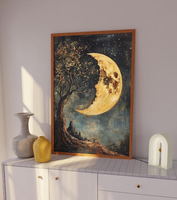 Golden Crescent Moon Art Print: Mystical Night Sky Landscape - Etsy