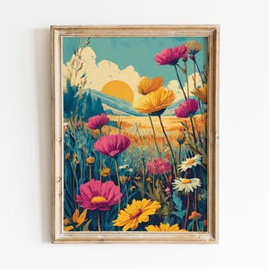 Bunte Wildblumen Wiese druckbare Kunstdruck, Blumen Landschaftsmalerei, Cottagecore Druck, Natur digitale Wandkunst, herunterladbare Druck