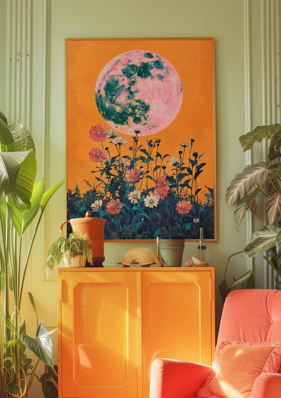 Wildflowers Moon Poster, Orange and Pink Moon Wall Decor, Mystical Moon and Flowers Vintage Print, Retro Aesthetic Wall Art, 70s Wall Decor