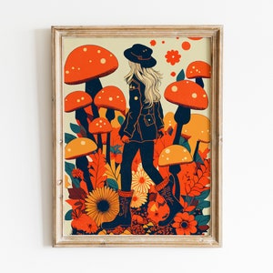 Arte de pared con hongos, mujer hippie de los años 70, póster cottagecore, póster de los años 70, decoración estética de la habitación, póster vintage, póster moderno, arte de pared retro