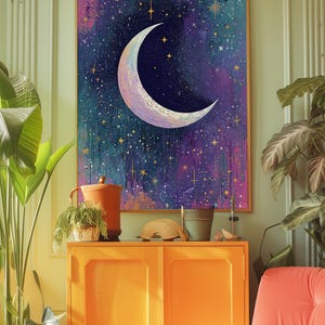 May include: A crescent moon with a white and purple glow against a dark blue background with gold stars. The background has a watercolour effect.