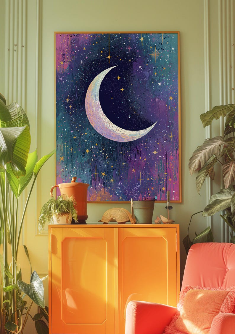 May include: A crescent moon with a white and purple glow against a dark blue background with gold stars. The background has a watercolour effect.