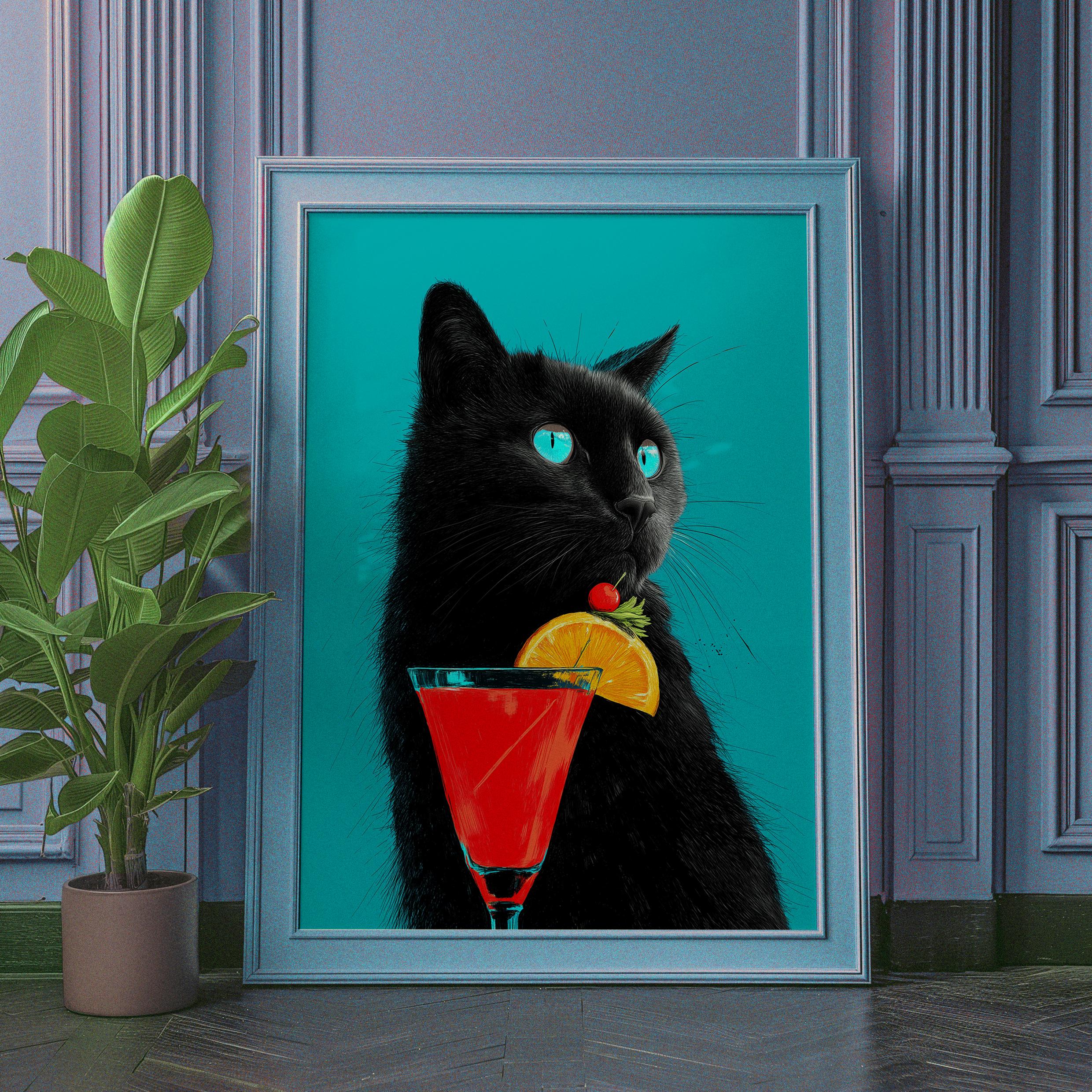 Whimsical Black Cat Cocktail Art Print: Quirky Home Decor - Etsy