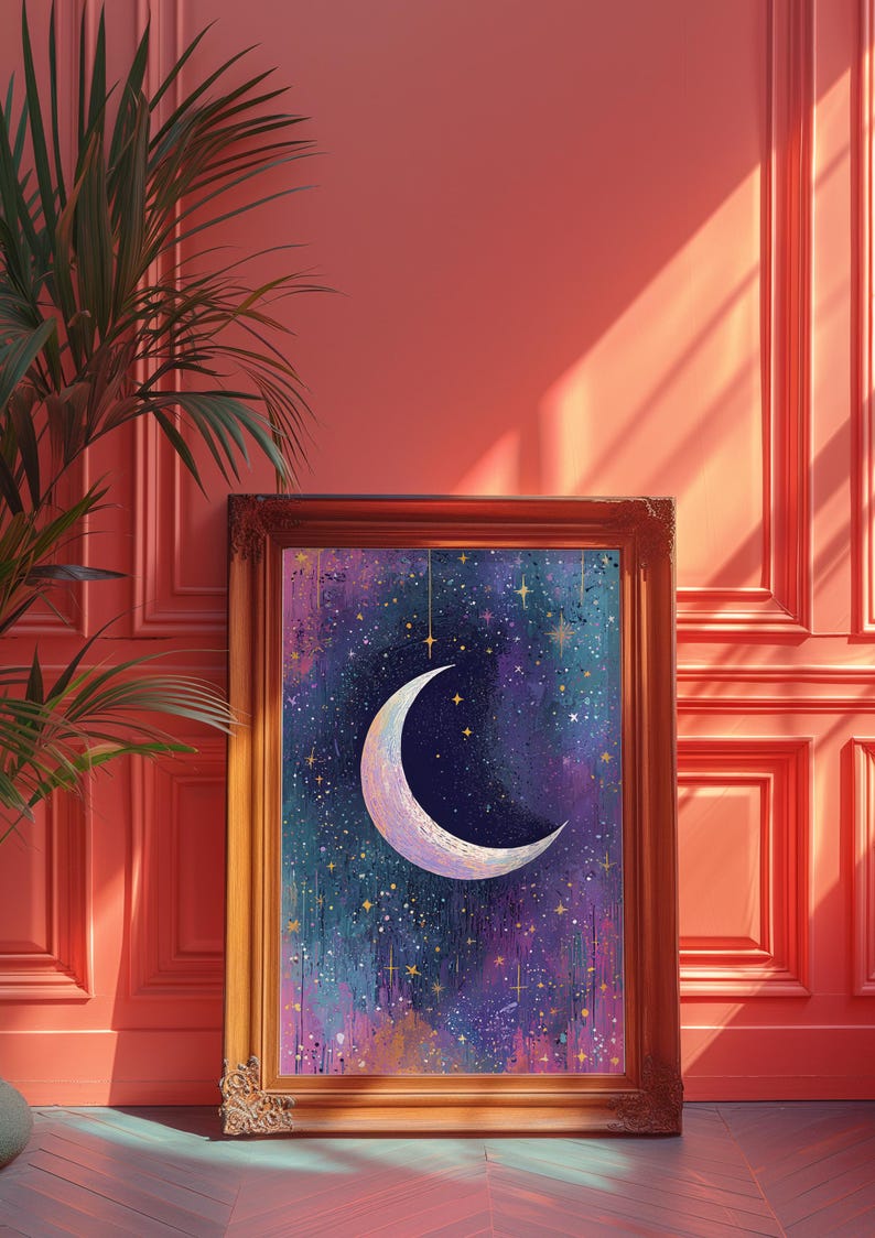 May include: A framed painting depicting a crescent moon in a starry night sky. The moon is white with a gold outline and is set against a dark blue background with purple and pink hues. The painting is surrounded by a gold frame.