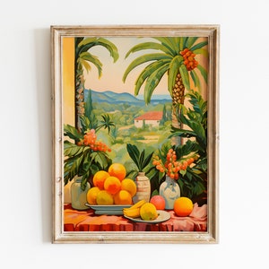 Cuadro de temática tropical / Impresión artística de paisaje tropical retro / Póster colorido de los años 70 / Arte moderno de mediados de siglo / Árboles y frutas tropicales