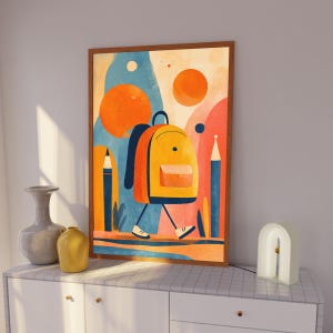 Moderne Back to School Wand Kunst Druck, Abstrakte Rucksack und Bleistift Illustration für Klassenzimmer oder Kinderzimmer Dekor, Bold Lernposter