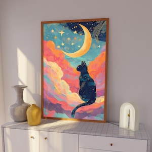 Schwarze Katze und Mond Druck, Bunter Sternenhimmel Wandbild, Himmlische Katze Druck, Witchy Katzen Wandkunst, Mystisch Katzenliebhaber Geschenk, Boho Katze Poster