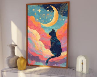 Black Cat Moon Print: Starry Sky Celestial Wall Art