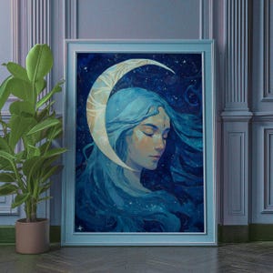 Mystical Moon Goddess Print, Celestial Divine Feminine Art, Crescent Moon Lunar Woman Aesthetic Poster, Ethereal Goddess Art, Gift For Her